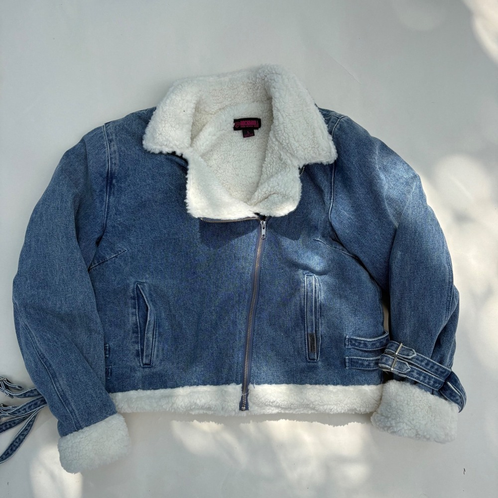 Rock & Roll Denim Womens Blue Sherpa Lined Moto Jacket Large Faux Fur Trim L